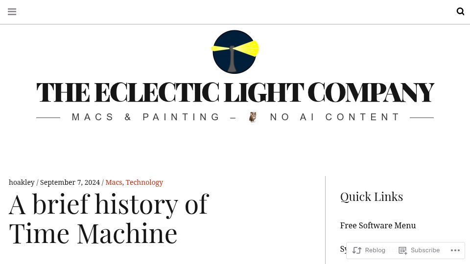 Screenshot of eclecticlight.co: A brief history of Time Machine (2024)