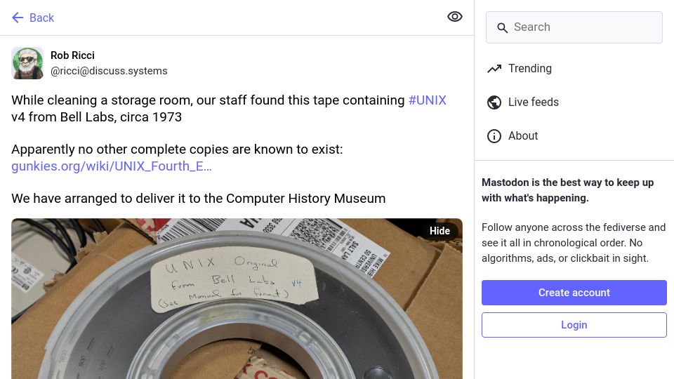 Screenshot of discuss.systems: Unix v4 Tape Found