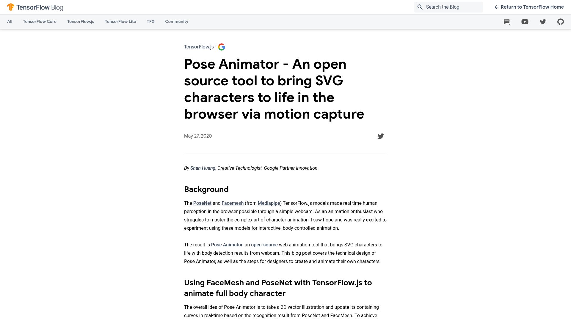 Screenshot of blog.tensorflow.org: Pose Animator – An open source tool to bring SVG characters to life (2020)