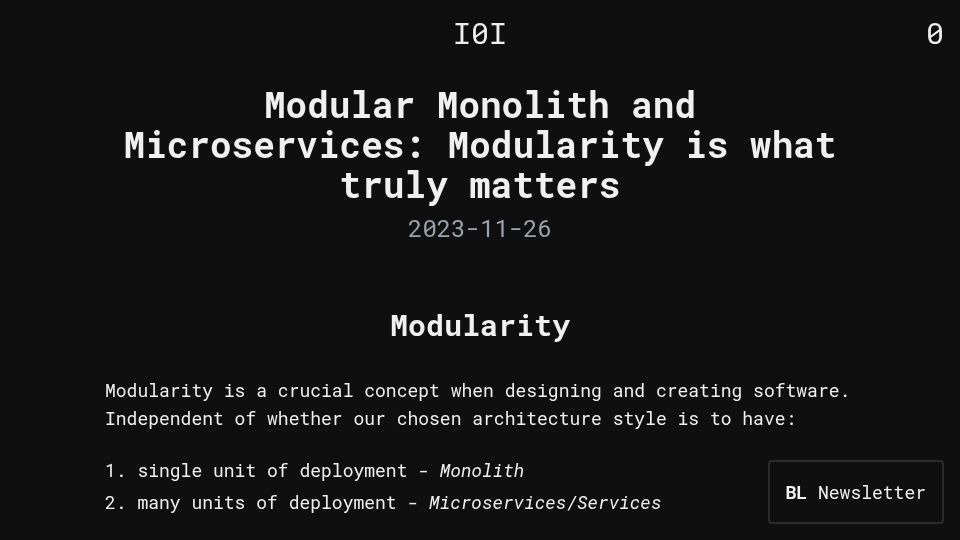 Screenshot of binaryigor.com: Modular monolith and microservices: Modularity is what matters