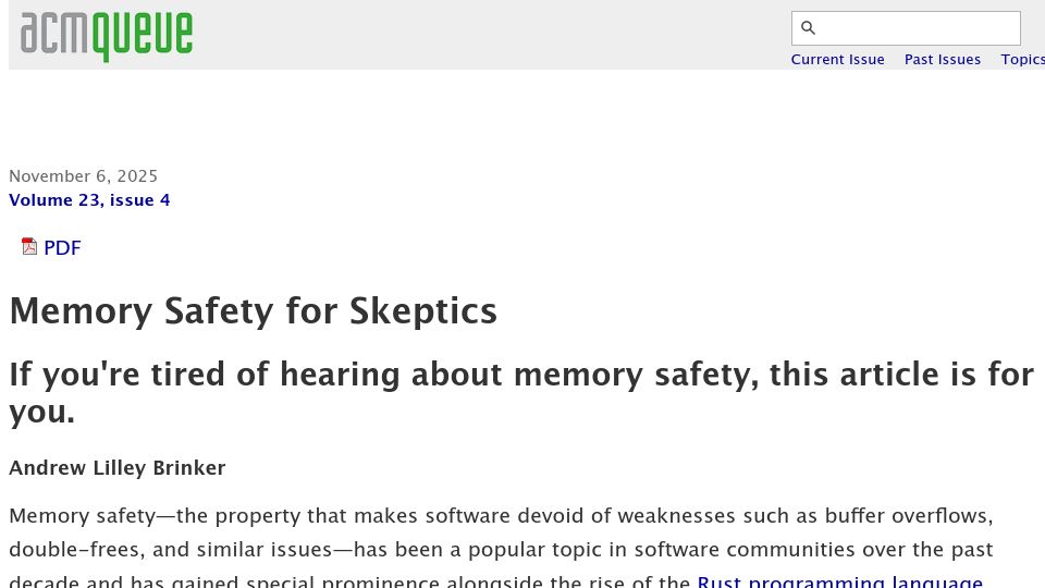 Screenshot of queue.acm.org: Memory Safety for Skeptics
