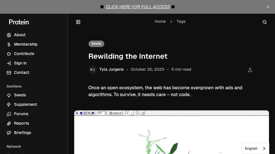 Screenshot of protein.xyz: Rewilding the Internet