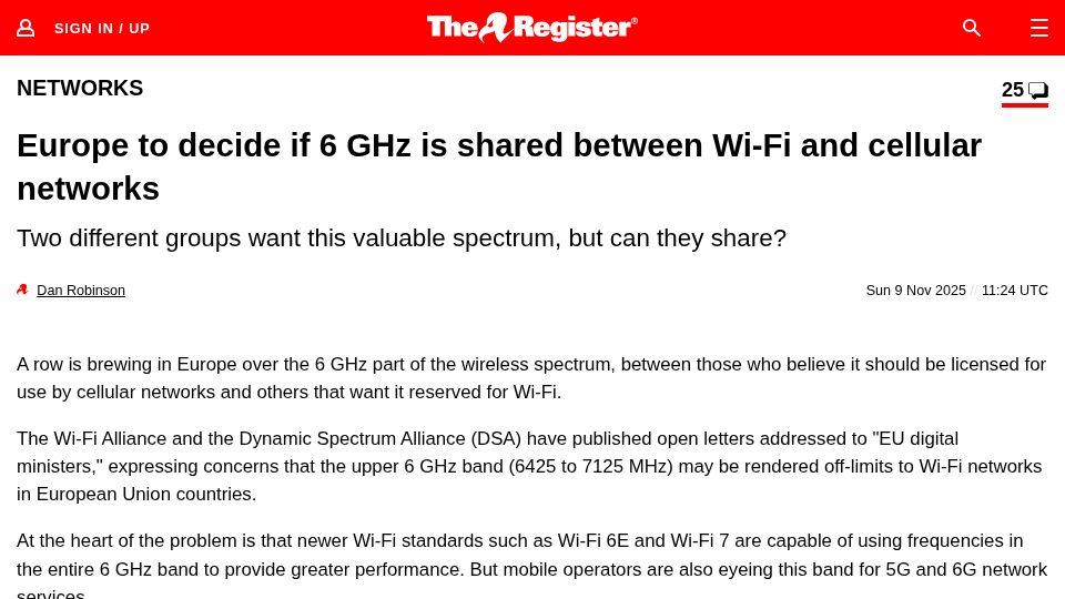 Screenshot of theregister.com: Europe to decide if 6 GHz is shared between Wi-Fi and cellular networks
