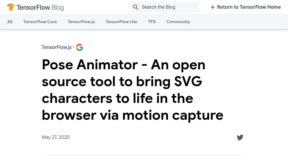 Screenshot of blog.tensorflow.org: Pose Animator – An open source tool to bring SVG characters to life (2020)