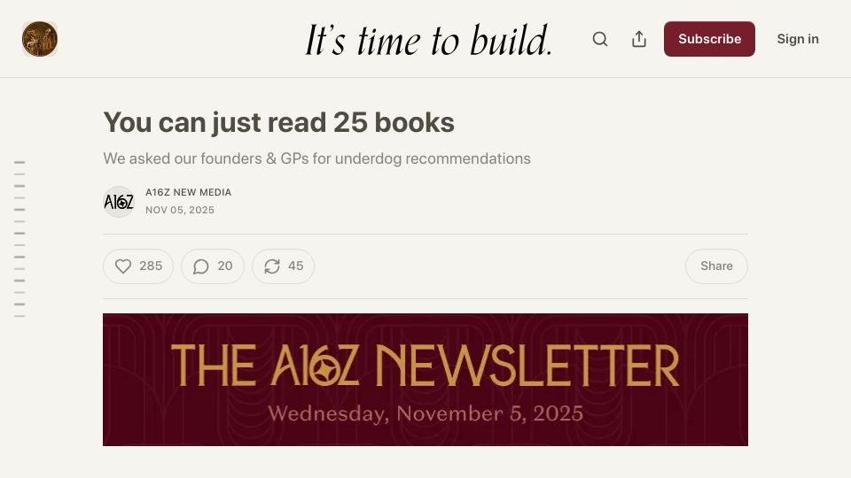 Screenshot of a16z.substack.com: You can just read 25 books