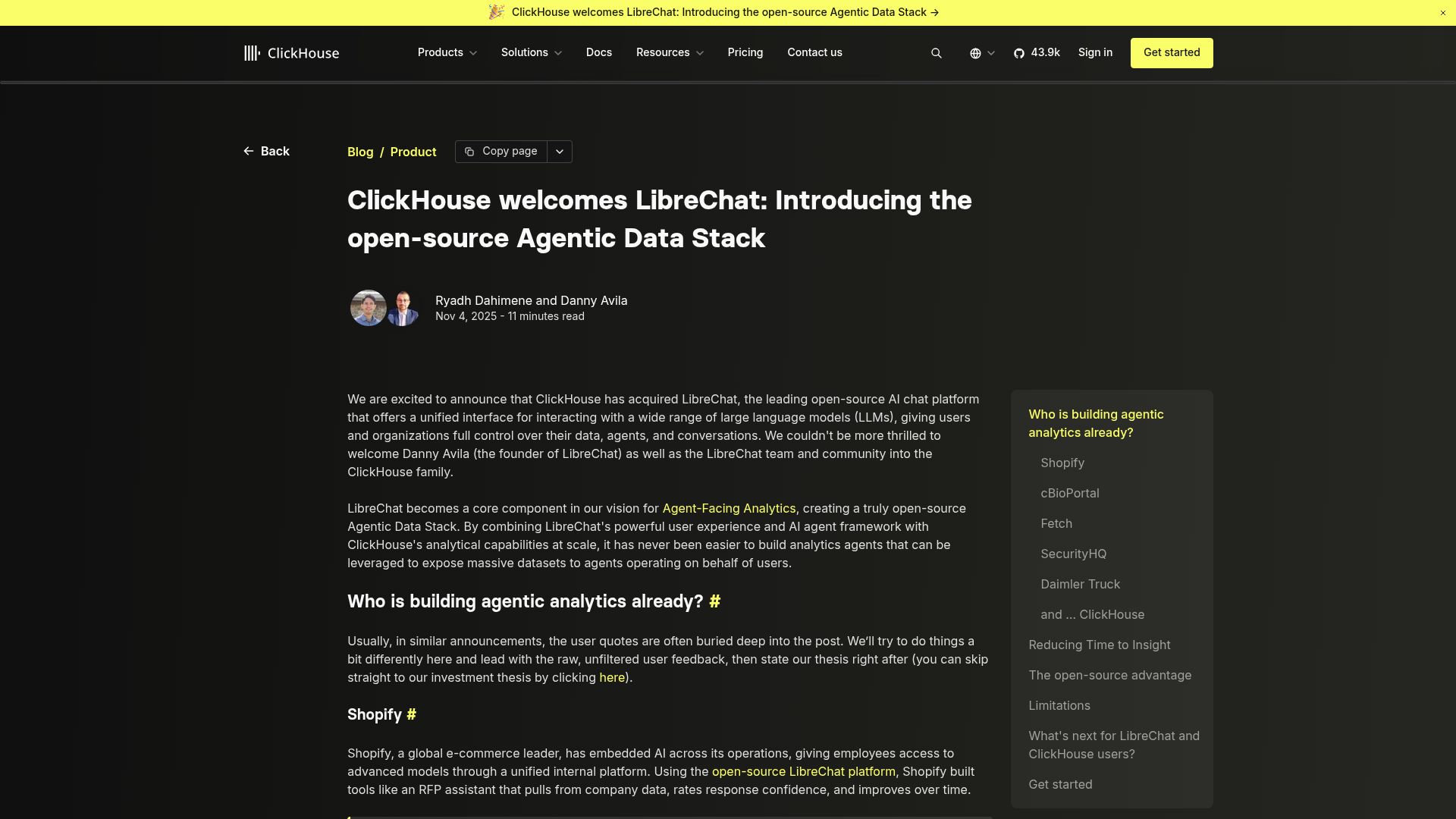 Screenshot of clickhouse.com: ClickHouse acquires LibreChat, open-source AI chat platform