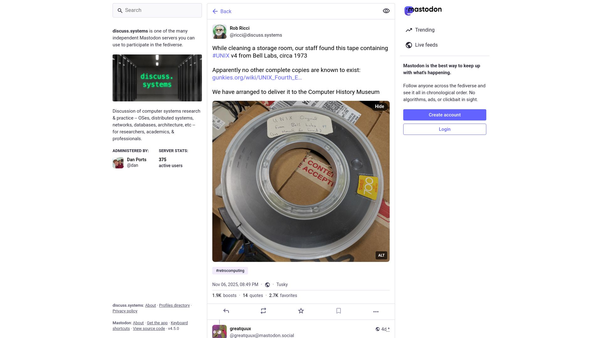 Screenshot of discuss.systems: Unix v4 Tape Found