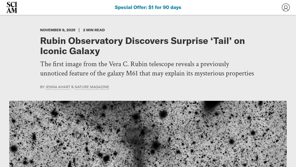 Screenshot of scientificamerican.com: Rubin Observatory Discovers Surprise 'Tail' on Iconic Galaxy