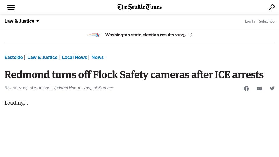 Screenshot of seattletimes.com: Redmond, WA, turns off Flock Safety cameras after ICE arrests