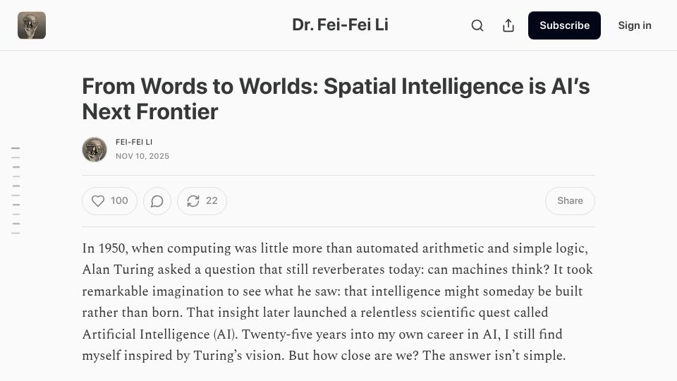 Screenshot of drfeifei.substack.com: Spatial intelligence is AI’s next frontier