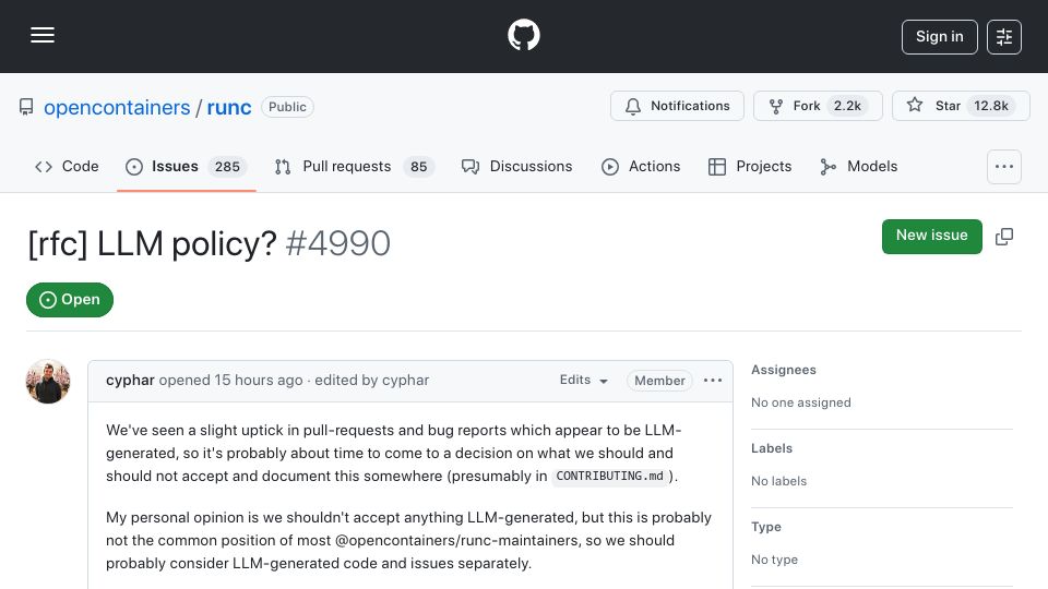 Screenshot of github.com: LLM policy?