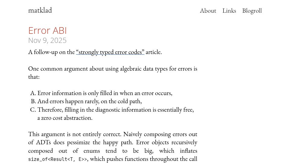 Screenshot of matklad.github.io: Error ABI