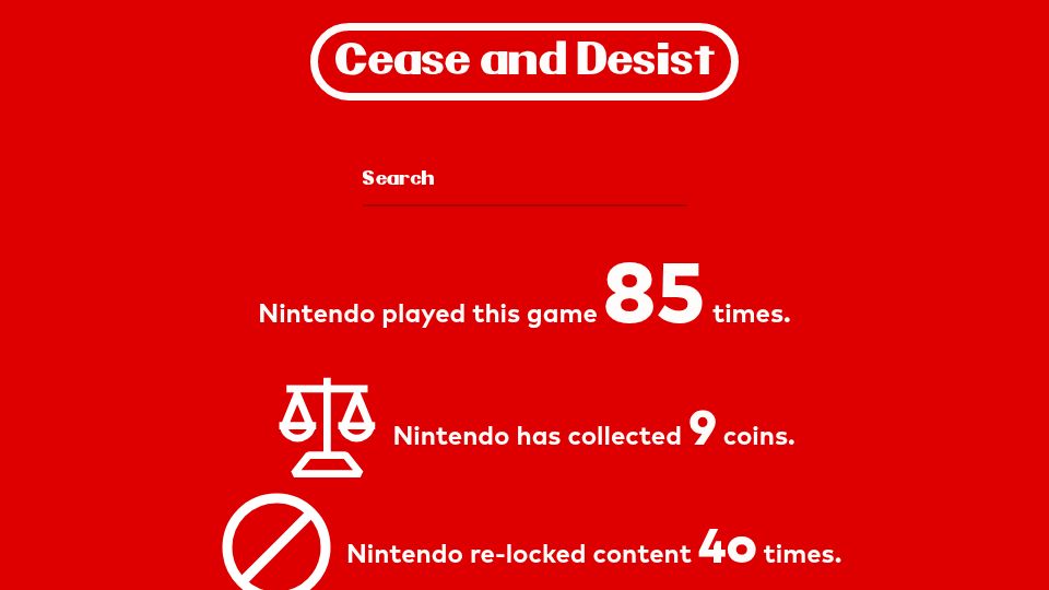 Screenshot of suedbynintendo.com: Sued by Nintendo