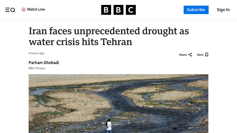 Screenshot of bbc.com: Iran faces unprecedented drought as water crisis hits Tehran