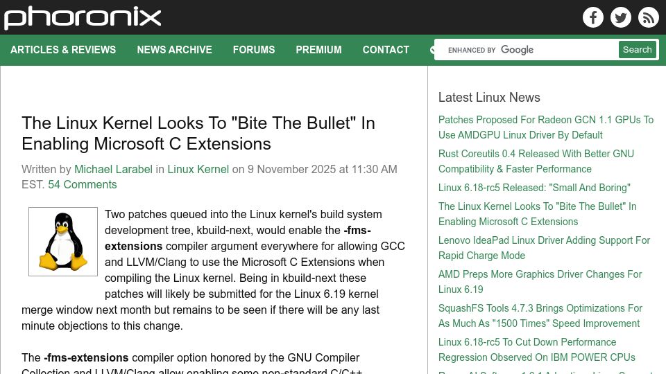 Screenshot of phoronix.com: The Linux Kernel Looks to “Bite the Bullet” in Enabling Microsoft C Extensions