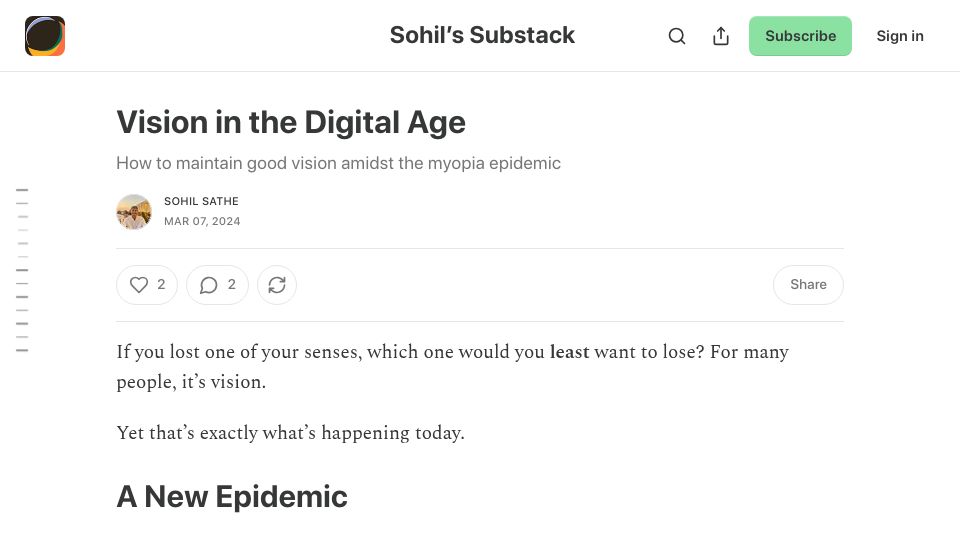 Screenshot of ssathe.substack.com: How to maintain good vision amidst the myopia epidemic