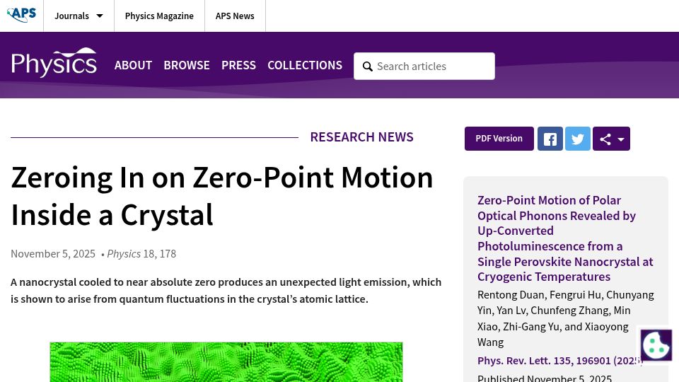 Screenshot of physics.aps.org: Zeroing in on Zero-Point Motion Inside a Crystal