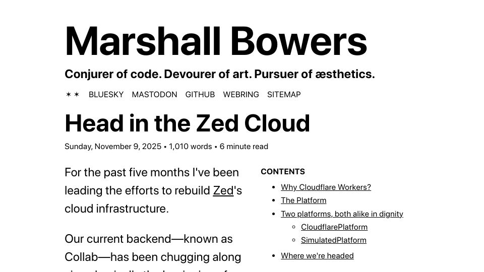 Screenshot of maxdeviant.com: Head in the Zed Cloud