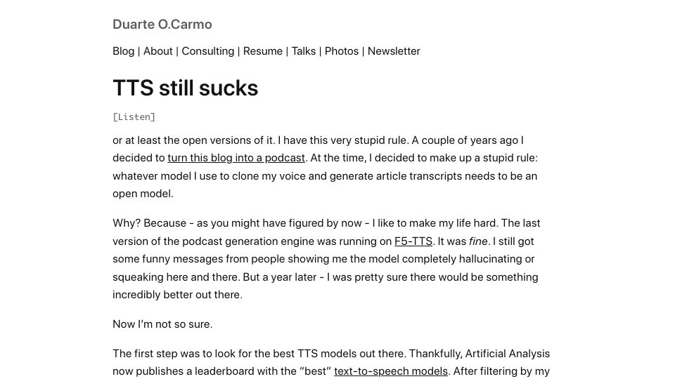 Screenshot of duarteocarmo.com: TTS still sucks