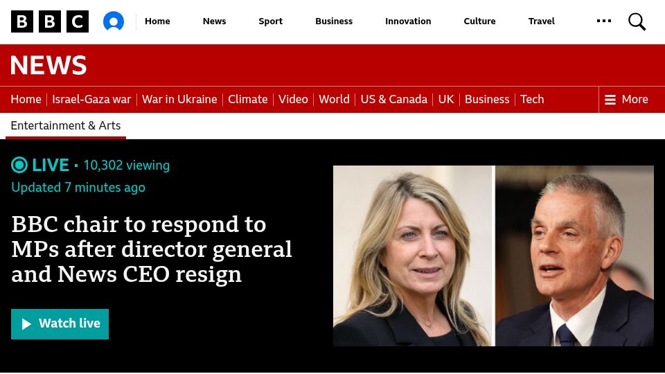Screenshot of bbc.co.uk: BBC director general and News CEO resign in bias controversy