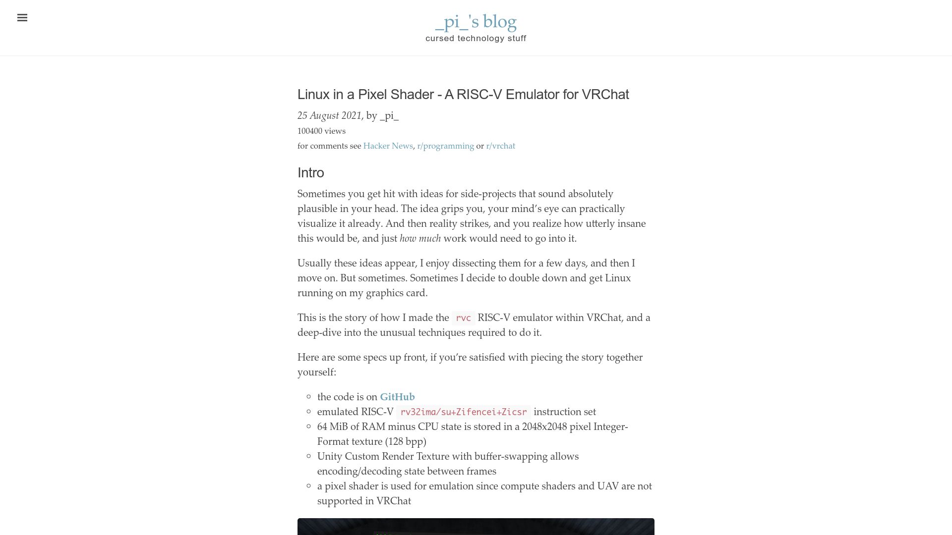 Screenshot of blog.pimaker.at: Linux in a Pixel Shader – A RISC-V Emulator for VRChat