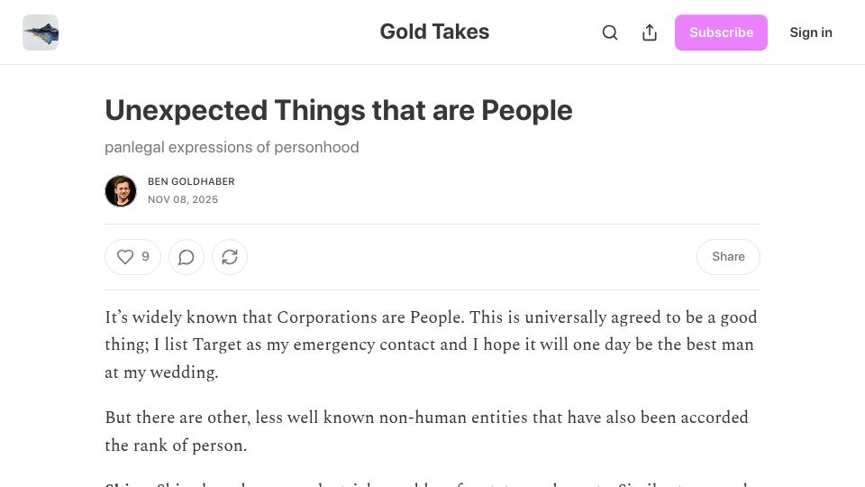 Screenshot of bengoldhaber.substack.com: Unexpected things that are people