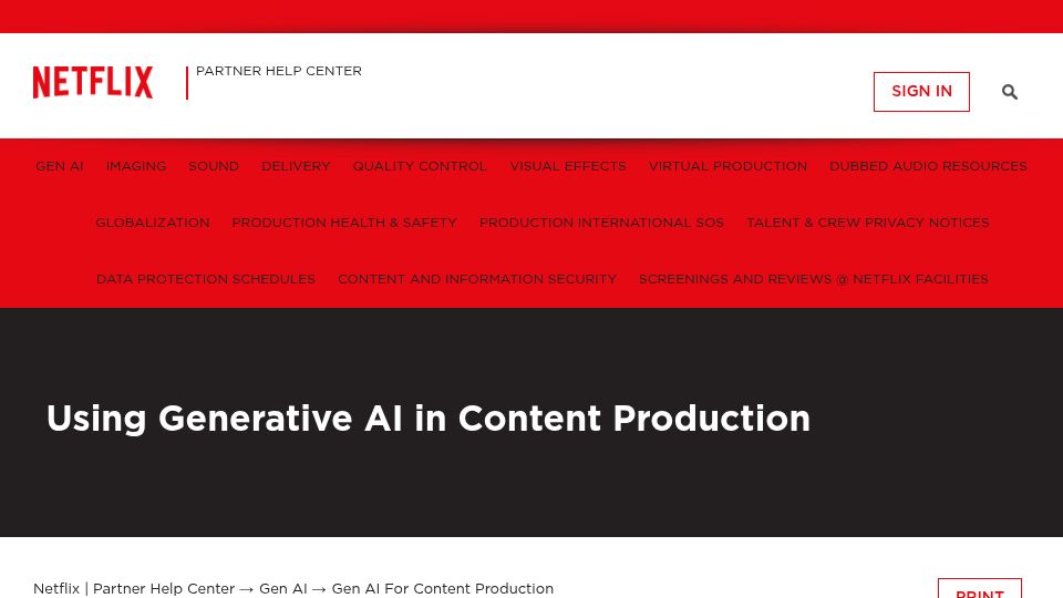 Screenshot of partnerhelp.netflixstudios.com: Using Generative AI in Content Production