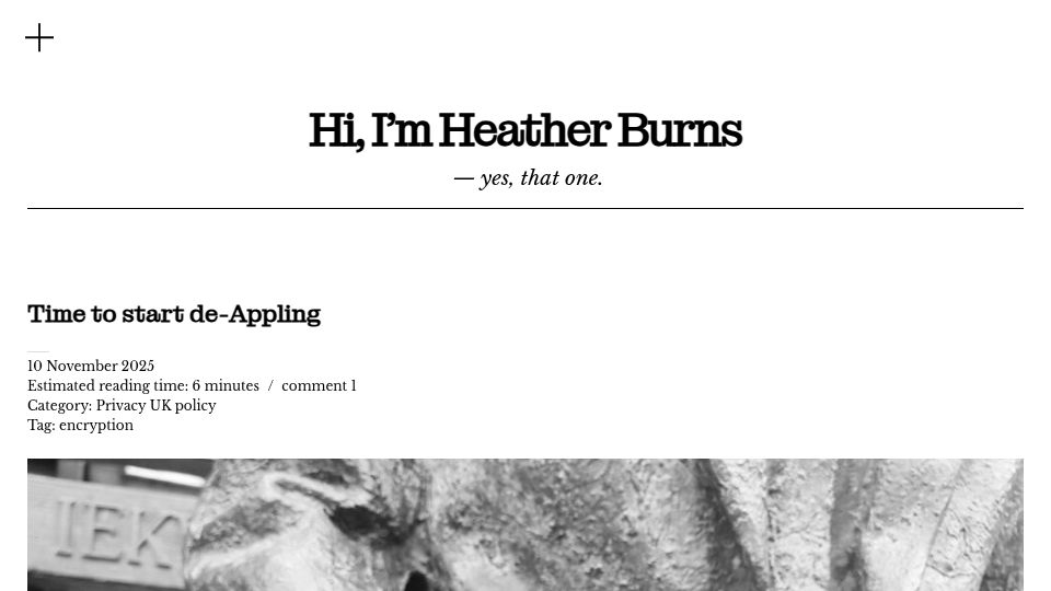 Screenshot of heatherburns.tech: Time to start de-Appling