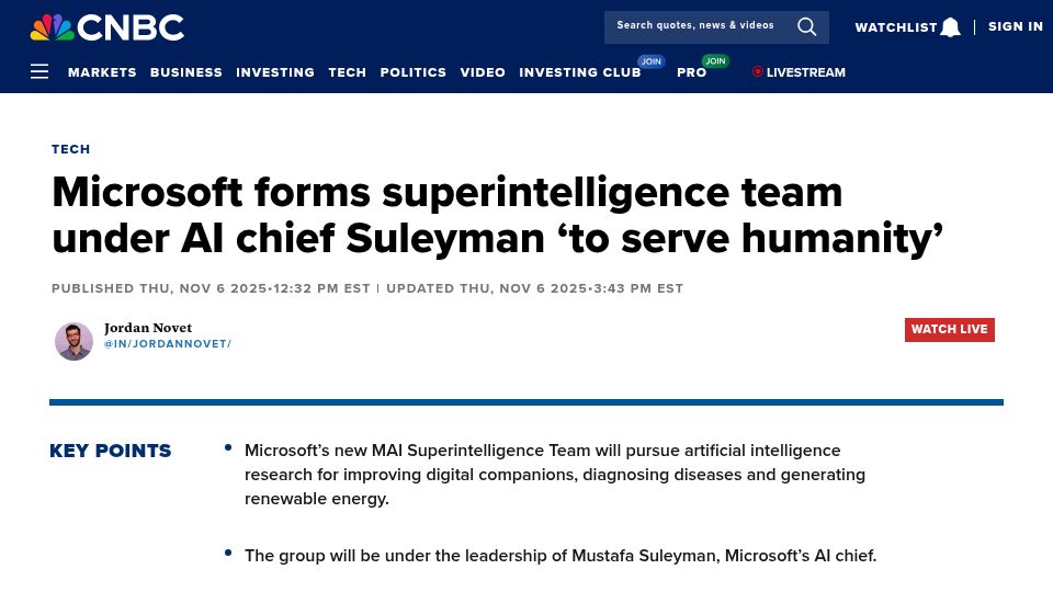 Screenshot of cnbc.com: Microsoft forms superintelligence team under AI head Mustafa Suleyman