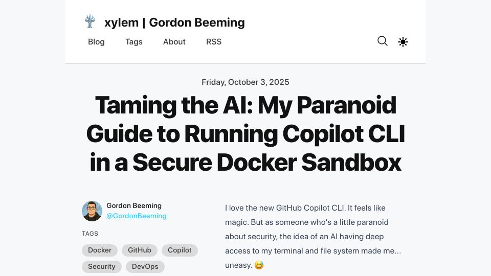Screenshot of gordonbeeming.com: The Paranoid Guide to Running Copilot CLI in a Secure Docker Sandbox