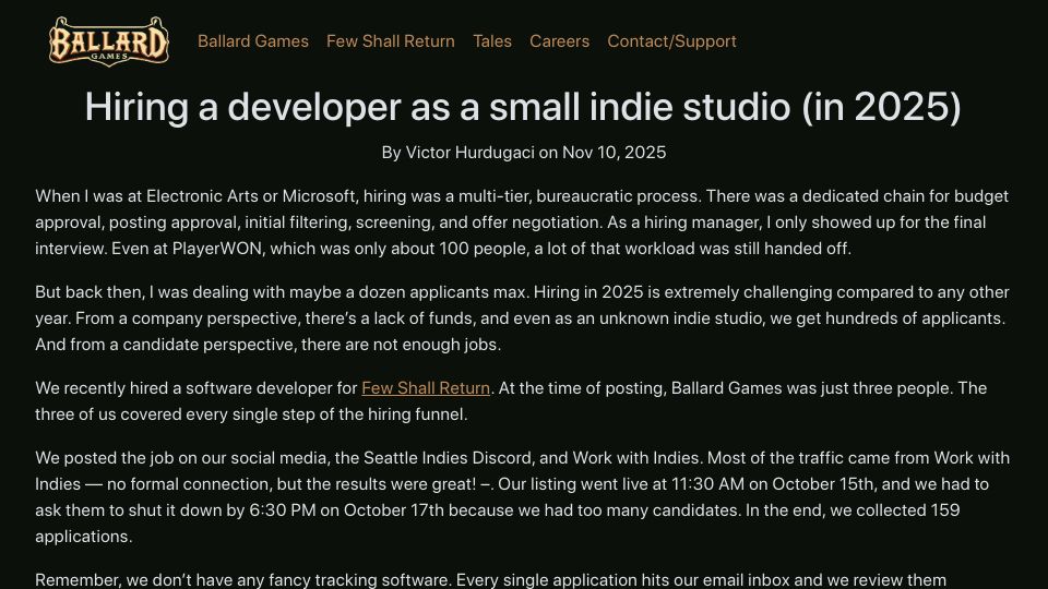 Screenshot of ballardgames.com: Hiring a developer as a small indie studio in 2025