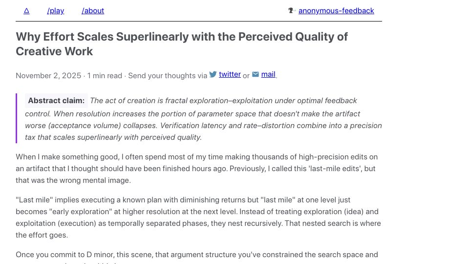 Screenshot of markusstrasser.org: Why effort scales superlinearly with the perceived quality of creative work