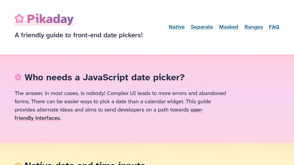 Screenshot of pikaday.dbushell.com: Pikaday: A friendly guide to front-end date pickers
