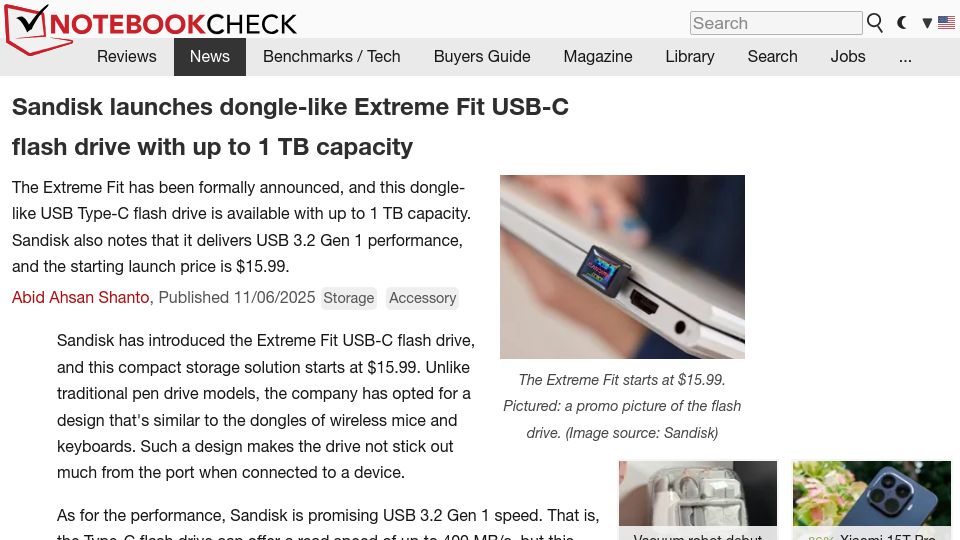 Screenshot of notebookcheck.net: SanDisk launches dongle-like Extreme Fit USB-C flash drive with up to 1 TB