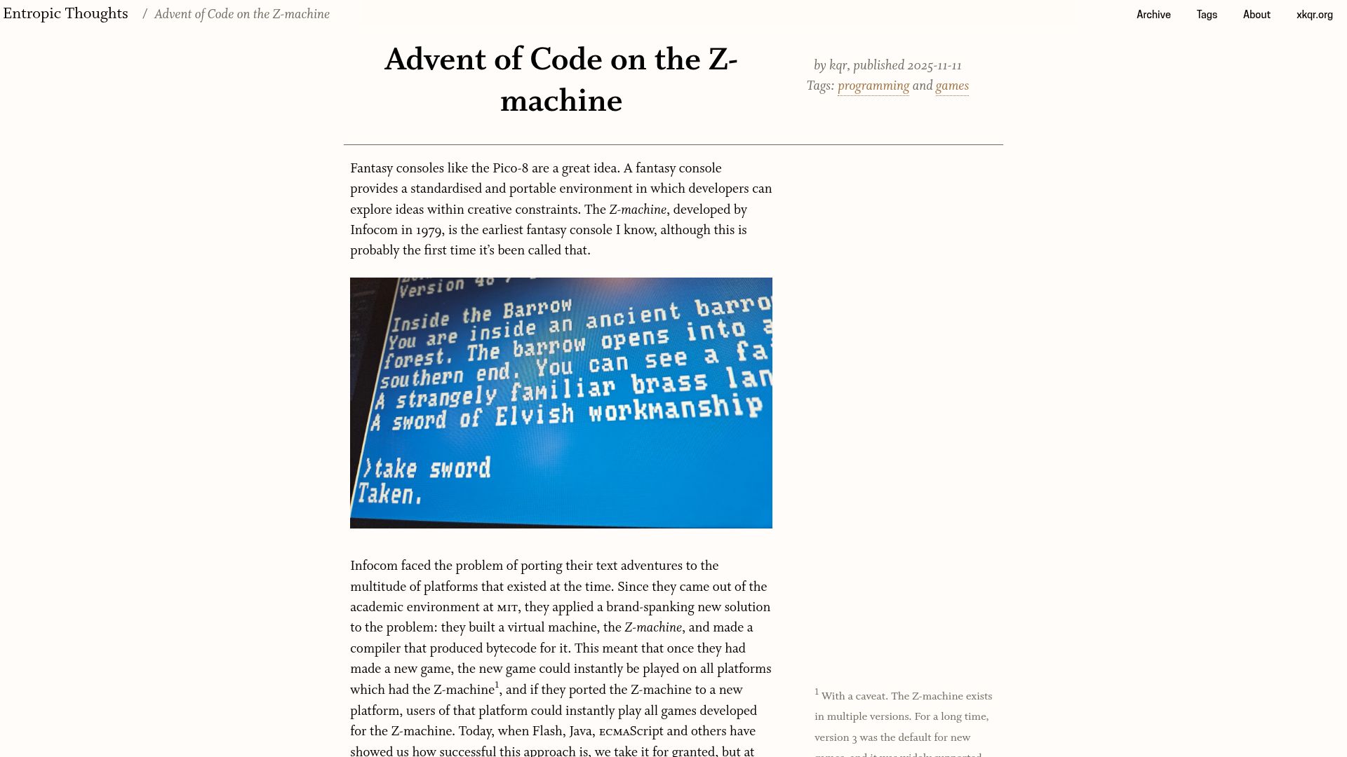 Screenshot of entropicthoughts.com: Advent of Code on the Z-Machine