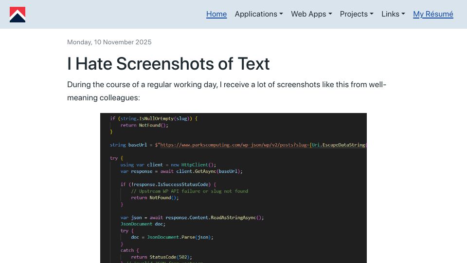 Screenshot of parkscomputing.com: I hate screenshots of text