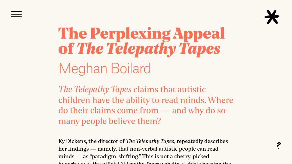 Screenshot of asteriskmag.com: The Perplexing Appeal of the Telepathy Tapes