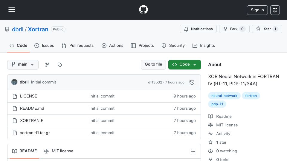 Screenshot of github.com: Xortran - A PDP-11 Neural Network With Backpropagation in Fortran IV