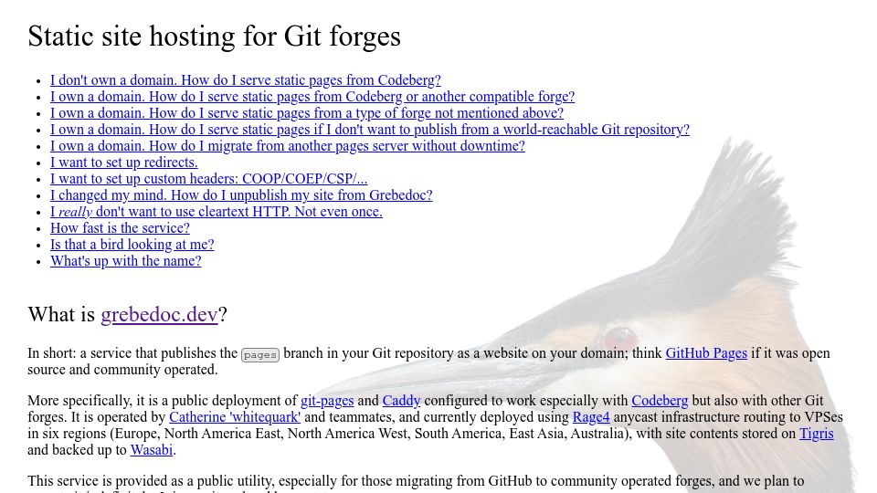 Screenshot of grebedoc.dev: Grebedoc – static site hosting for Git forges
