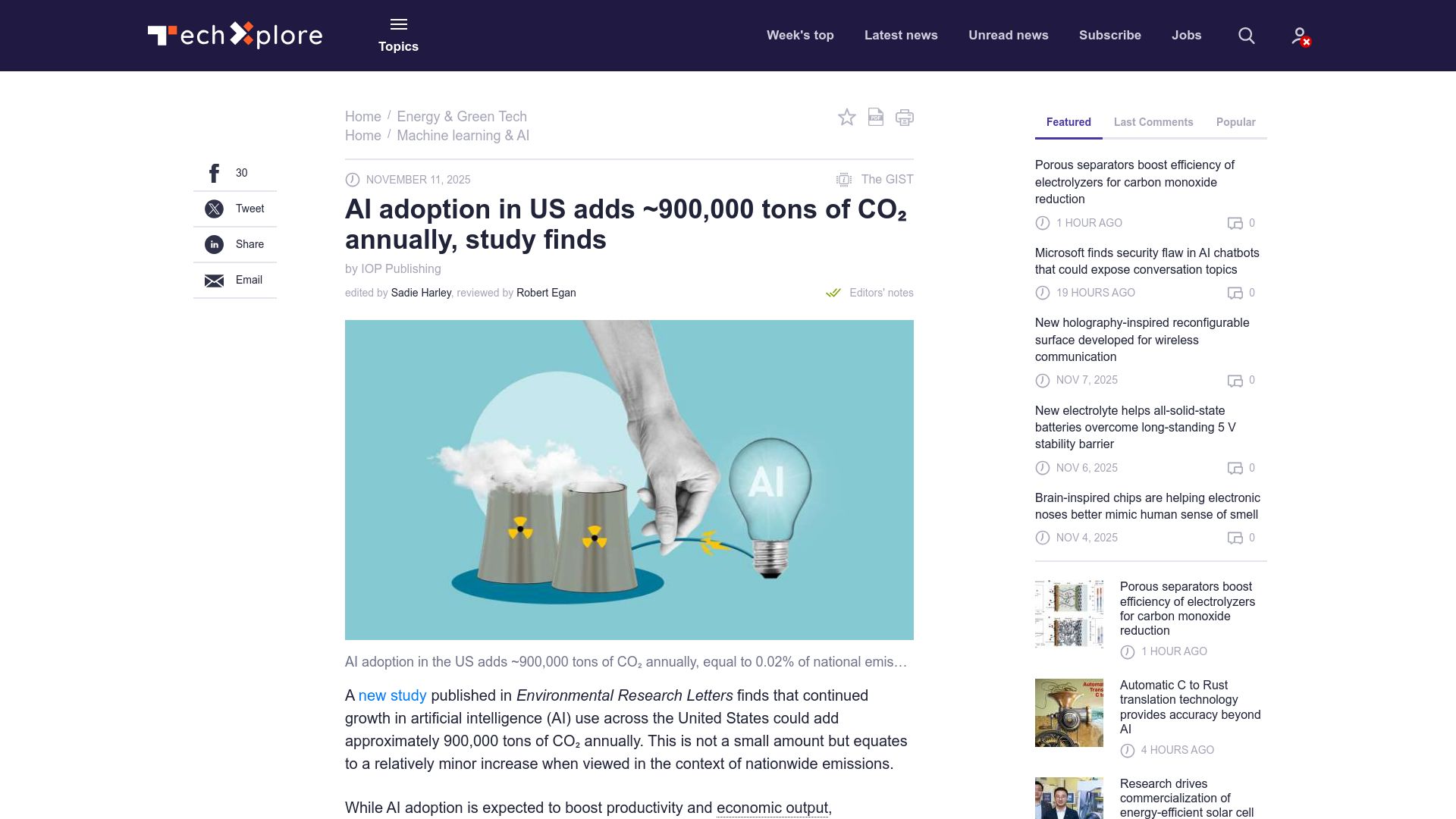 Screenshot of techxplore.com: AI adoption in US adds ~900k tons of CO₂ annually, study finds