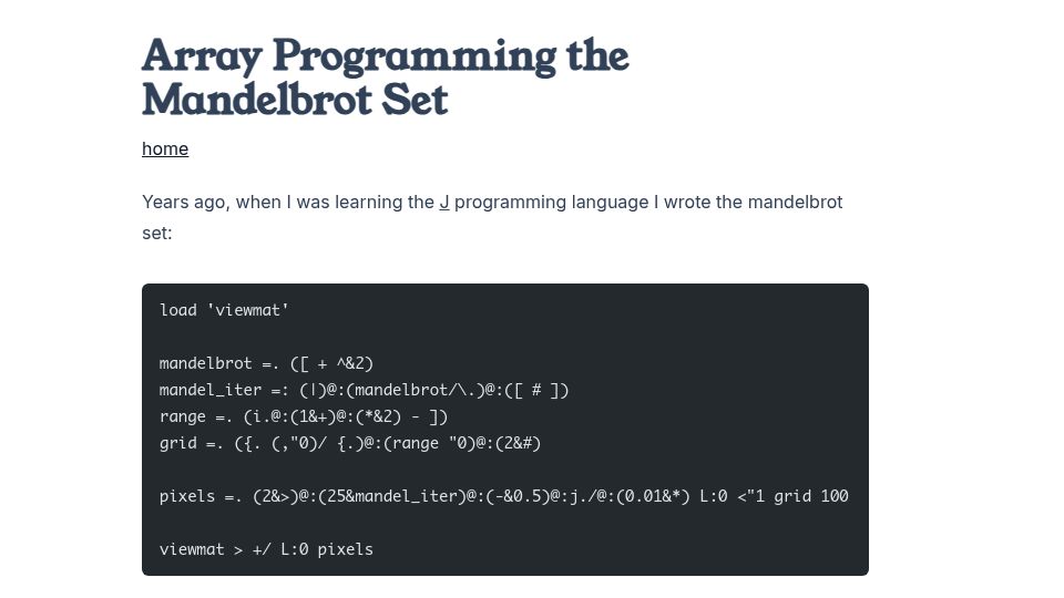 Screenshot of jcmorrow.com: Array-programming the Mandelbrot set