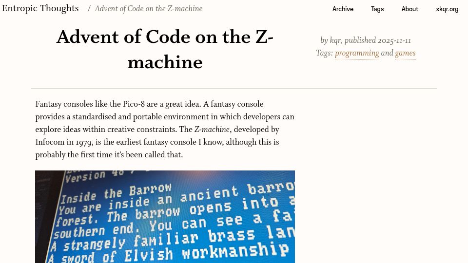 Screenshot of entropicthoughts.com: Advent of Code on the Z-Machine