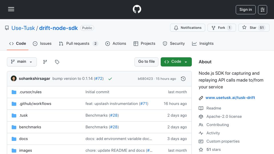 Screenshot of github.com: Show HN: Tusk Drift – Open-source tool for automating API tests