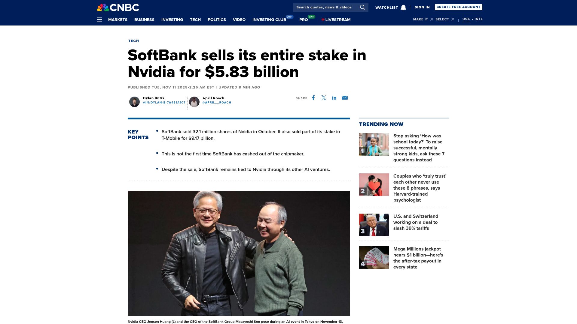 Screenshot of cnbc.com: SoftBank sells its entire stake in Nvidia