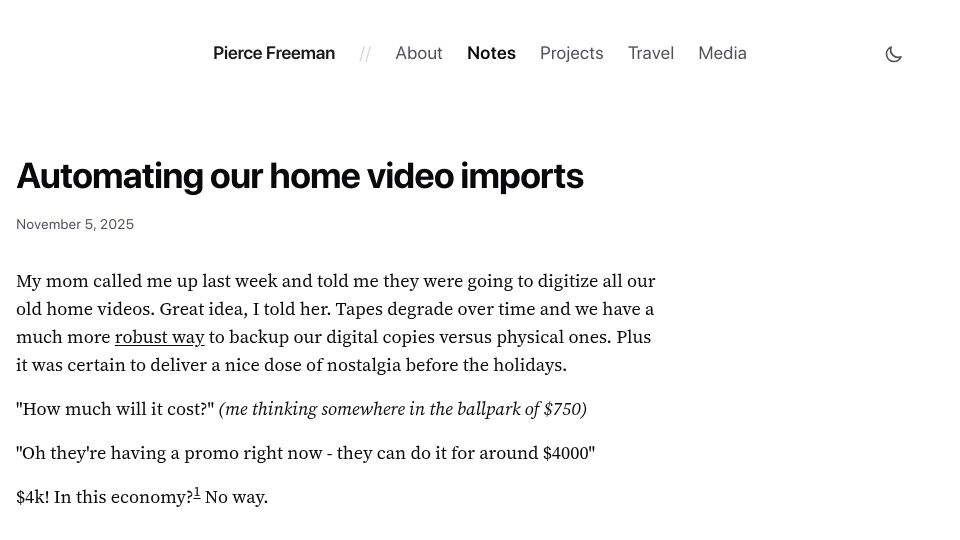 Screenshot of pierce.dev: Automating our home video imports