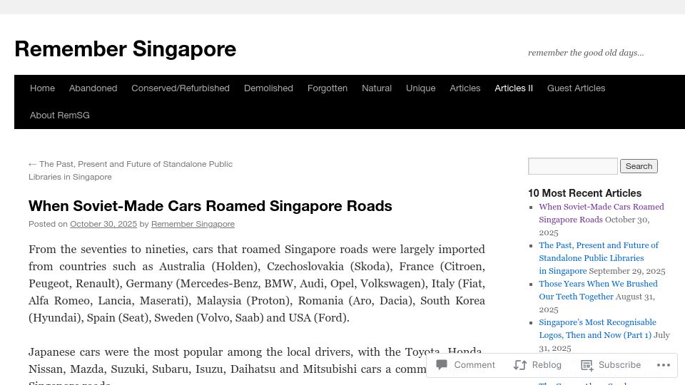 Screenshot of remembersingapore.org: When Soviet-made cars roamed Singapore roads