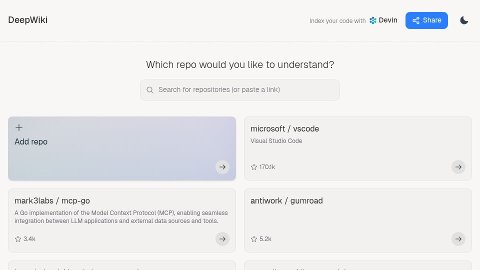 Screenshot of deepwiki.com: AI documentation you can talk to, for every repo