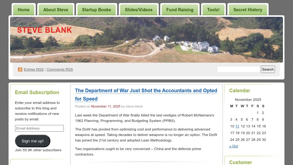 Screenshot of steveblank.com: The Department of War just shot the accountants and opted for speed