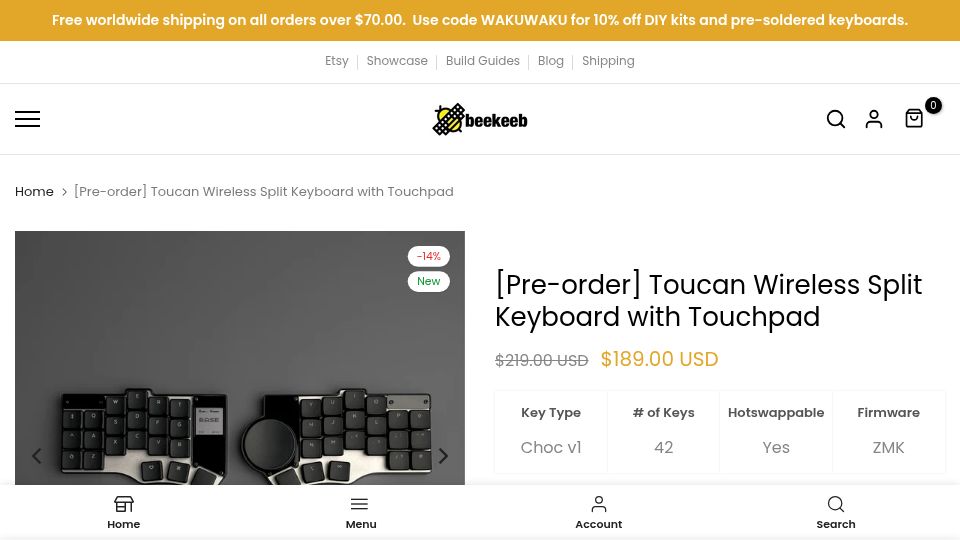 Screenshot of shop.beekeeb.com: Toucan Wireless Split Keyboard with Touchpad