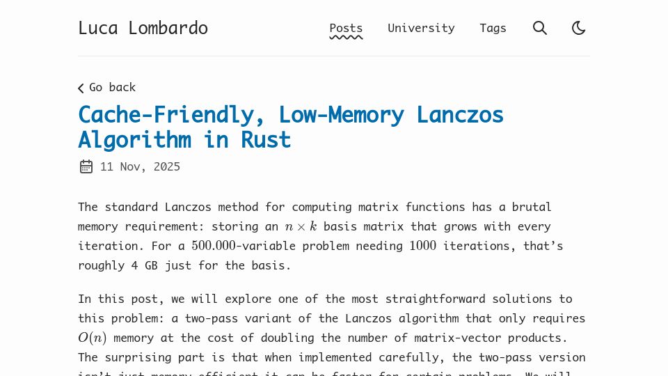 Screenshot of lukefleed.xyz: Cache-friendly, low-memory Lanczos algorithm in Rust